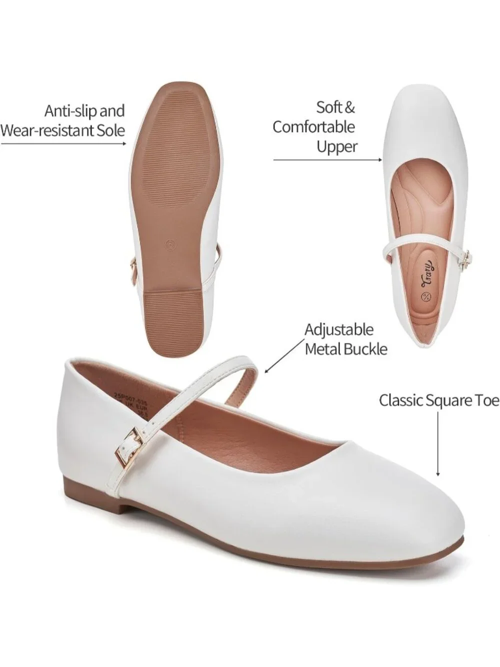 Women's White Square Toe With Adjustable Buckle Strap Ballet Flat Slip On Shoes